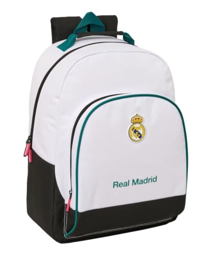 Safta | Mochila Escolar Real Madrid Equipación 26/27 Adaptable a Carro (Sin Carro), Ergonómica y Acolchada, Bolsillo Frontal Gran Formato, Cremallera Doble Tirador, Niño y Niña, Medidas 32x15x42 cm