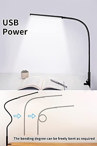 Desk Lamp LED USB Power Eye-Care Swing Arm Lamp Flexible Gooseneck Clamp,Dimmable,Architect Lamp 3 Color Modes,Desk Light Memory Reading Working Study,Energy Saving(BLACK)