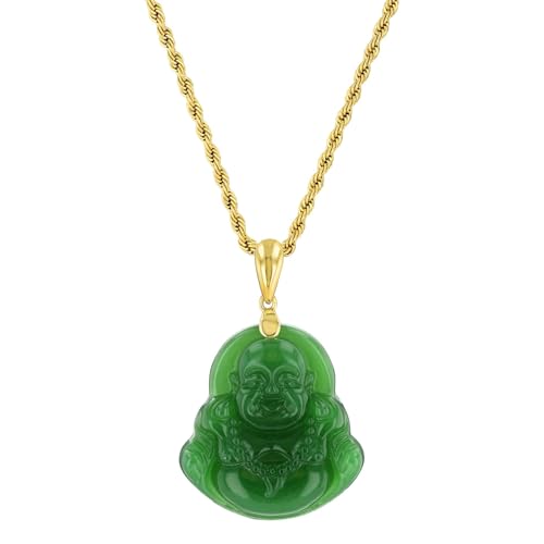 Real Laughing Buddha Green Jade Pendant Necklace Rope Chain Genuine Certified Grade A Jadeite Jade Hand Crafted, Stainless Steel Smiling Chubby Buddha Necklace, 14k Gold Buddhist necklace Medallion Rope Necklace