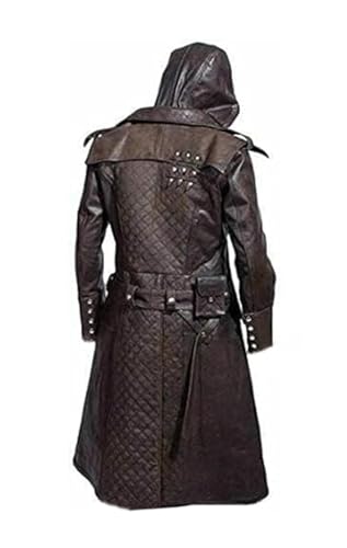 MAXDUD Trench long pour homme Assassin en cuir véritable et cuir synthétique marron avec capuche amovible, Marron - Cuir véritable, S