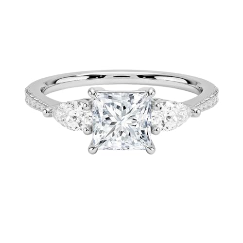 1 CT Princess Cut Lab Grown Diamond Three Stone Accented Engagement Ring