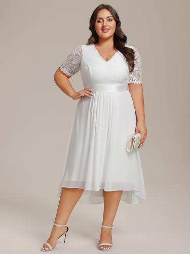 Image of Ever-Pretty Women's V Neck Pleated A Line Lace Chiffon Half Sleeves Midi Plus Size Cocktail Wedding Guest Dresses White US22