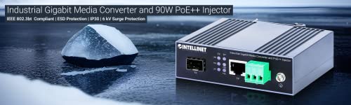 Intellinet Industrial Media Converter PoE++ 90W, RJ45 a SFP, IP30 | Convertidor de medios gigabit RJ45 a SFP con 90W IEEE 802.3bt PoE++, carcasa IP30 para riel DIN, protección contra sobretensiones de 6 kV miniatura 6