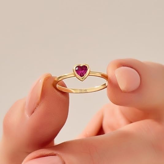 Premium Plated14k Gold Tiny Heart Ring, Gold Ruby Promise Ring, Dainty Stack Ring, Bezel Gemstone Pinky Rings for Women, Delicate Birthstone Ring2