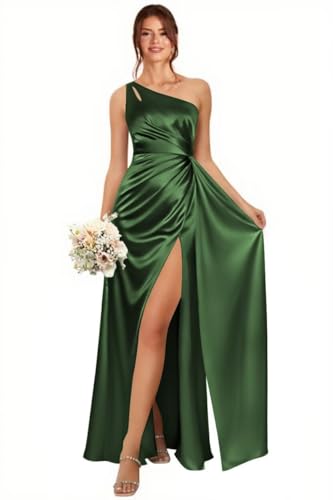 Rjer Womens One Shoulder Bridesmaid Dresses Satin Ruched Cutout Formal Evening Dress with Train