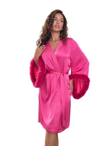 Satin Robes for Women Bridal Bridesmaids Robe Silk Robe with Faux Fur Trim Satin Bell sleeves Wedding Dressing Gown (US Alpha Medium Regular Regular Magenta)
