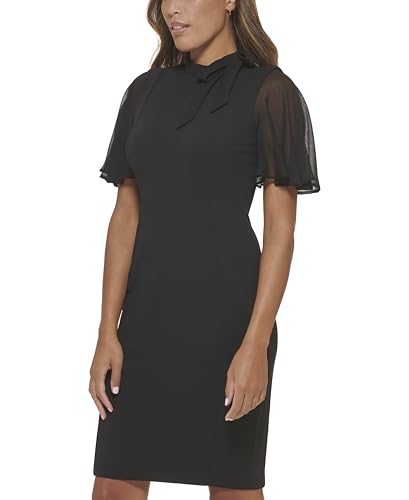 Image of Calvin Klein Women's Short Chiffon Flutter Sleeve Tie Neck Crepe Mini Sheath Dress