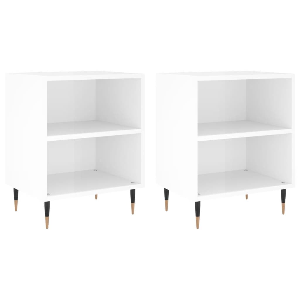 Table de Chevet Blanc Brillant Lot de 2 avec Compartiments 40x30x50 cm en Bois et Fer