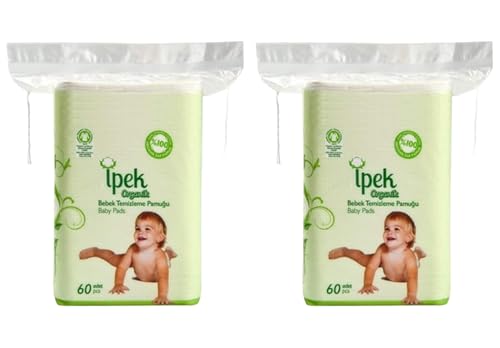 IPEK Baby Organic Large Dry Pads Pure 100% Cotton Squares for Baby Care Diapering, Organic Maxi Baby Pads, Pack of 2 (Organic 60 Count)