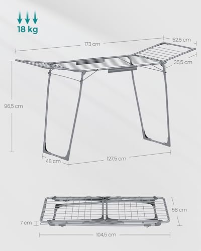 Miniatura 7 de Songmics Tendedero De Pie, 56,5 X 173 X 96,5 Cm, Tendedero De Alas Para Ahorrar Espacio, Con Soporte Para Calcetines, Metal, Para Ropa, Toallas, Lavandería, Gris Llr518g01