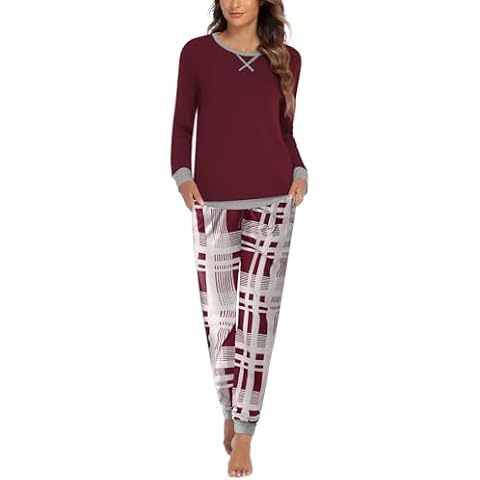 Ekouaer Pajamas Set for Women Long Sleeve Crew Neck Comfy Pjs Lounge Sets With Pockets Wind Red Plaid Medium Cover