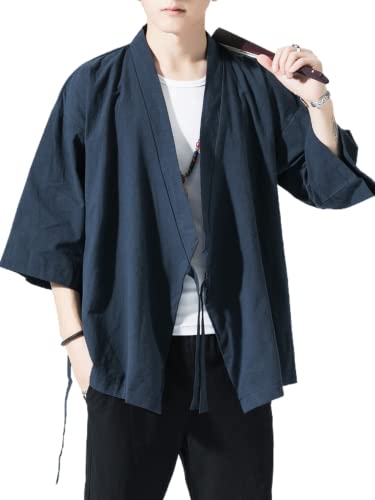 Men's Japanese Kimono Cardigan Loose Cotton Linen 3/4 Sleeve Open Front Casual Summer Shirt Jackets3