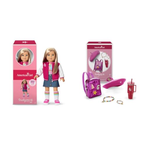 Image of American Girl Truly Me 18-inch Doll #100 with Dark-Blue Eyes, Straight Layered Blonde Hair, Light-to-Medium Skin + AG Star Squad Mini Backpack & Accessories, for Ages 6+ Bundle