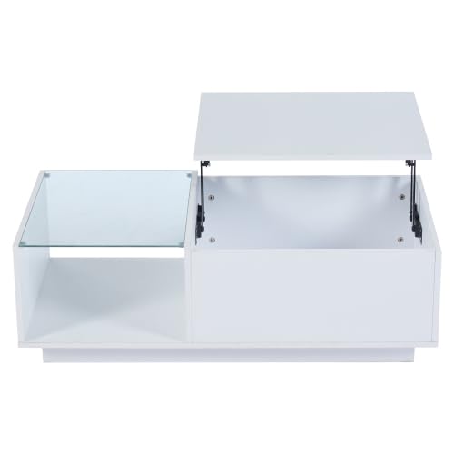 LED Couchtisch, Höhenverstellbarer Kaffeetisch mit Smart LED Beleuchtung & Verstecktem Stauraum, Hochglanz Wohnzimmer Tisch, 50x100x(33-46.5) cm, Weiß/Schwarz