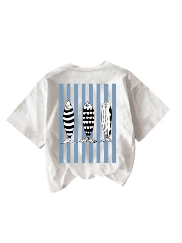 Image of RoseSeek Women's Striped Fish Graphic Tees Crew Neck Short Sleeve T Shirts