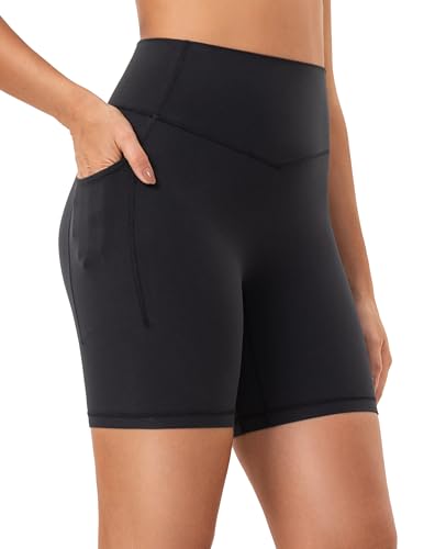 YUNOGA HugMotion Womens High Waisted Biker Shorts with Pockets 6 Inches - No Front Seam Workout Gym Yoga Short2