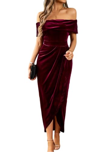 MATSUMIZUYU Womens Velvet Wrap Off The Shoulder Dress Sexy Slit Ruched Cocktail Dress Wedding Party Dresses Wine Red