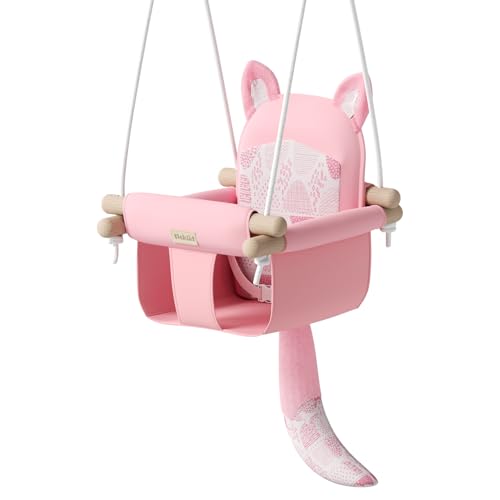 Wooden Baby Swing with Safety Belt - Adjustable Infant & Toddler Swings for Indoor/Outdoor Use, Includes Mounting Hardware (Fox Design, Pink)