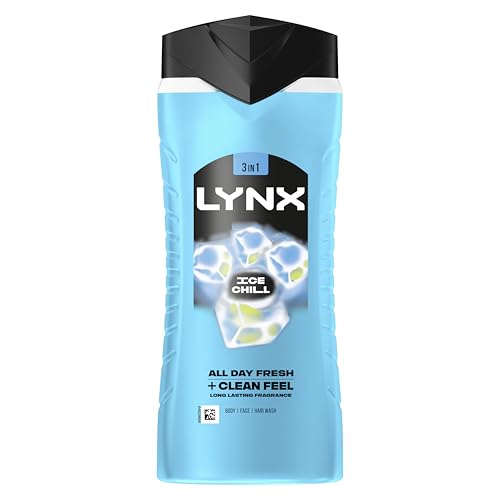 Lynx Ice Chill 3-in-1 Body Wash Hair Face and Body Cleanser shower gel with plant-based prebiotics and 5x more moisturisers** for an all day fresh & clean feel 500 ml