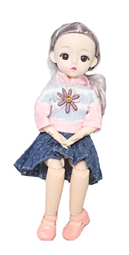 Image of Tickles Set Movable Jointed Cute Girl Brown Eyes Fashionable Doll with Pink Top and Blue Skirt for Kids Girls Birthday Gifts (Size: 30 cm Color: Blue & Pink)