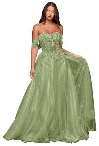 MiwiNovia Junior's Glitter Tulle Prom Dresses Lace Appliques A-Line Formal Dress Off Shoulder Prom Ball Gown MN906