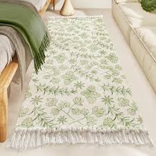 Image of SAGON 2x5 Ft Printed Runner Carpet - Cotton Bedside Rug for Bedroom & Living Room (Soft Leaf Pattern)