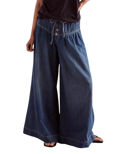utcoco Women's 2025 Pleated Mid-Rise Buttons Drawstring Maxi Wide Leg Jeans