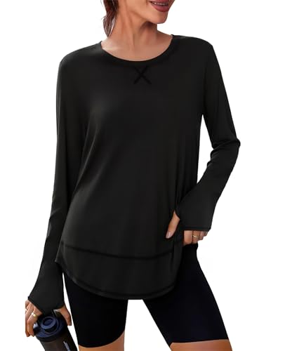 Terecey Funktionsshirt Damen Locker Langarmshirt Atmungsaktive Sportshirt Wandershirt Longsleeve Freizeitshirt Sport Oberteile fur Gym Workout Running, Schwarz L