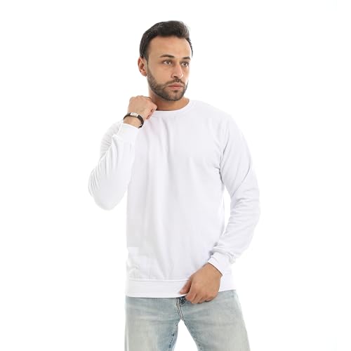 Andora Basic Plain Round Collar White Sweatshirt-White-XL