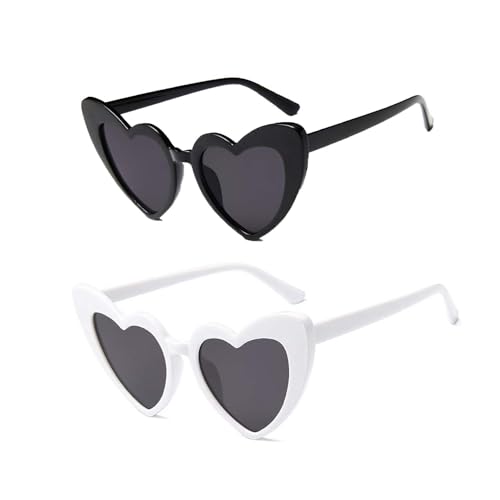 Herzförmige Party-Sonnenbrille,2 Stück UV400 Sonnenschutz Herz Sonnenbrille,UV-Schutz Schwarze Graue Linse, Mode Brillen für Damen Herren Kinder Party Reise Fotoshooting