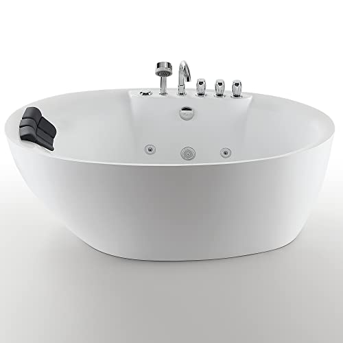 Empava 59-Inch Freestanding Whirlpool Bathtub Oval with 7 Hydromassage Adjustable Water Jets Luxury Acrylic Massage SPA Soaking Bath Tub Single Ended , White Empava 59-Inch Freestanding Whirlpool Bathtub Oval with 7 Hydromassage Adjustable Water Jets Luxury Acrylic Massage SPA Soaking Bath Tub Single Ended , White
