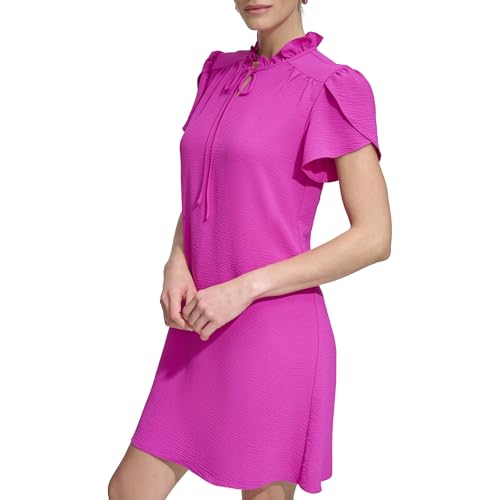 Image of DKNY Women's Front Tie Ruffle Neckline Trapeze Dress
