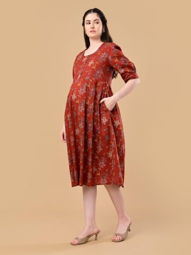 Image of The Mom Store Maternity and Nursing Dress | Pre and Post Pregnancy Dress for Womens | Zipper /Button Opening | Causal Wear | Trendy Stylish Causal Dresses for New Moms