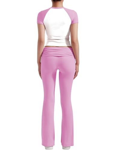 Image of ZFLM Casual Workout Two Piece Outfits for Women Short Sleeve Crop High Waist Foldover Flare Pants Tracksuit Sets Streetwear
