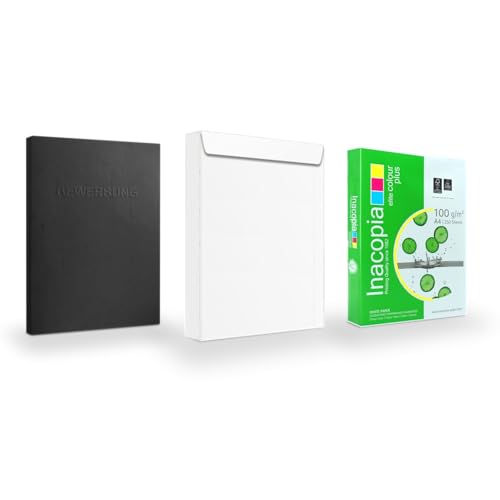 Bewerbungsset // 10 Stück 3-teilige Bewerbungsmappen Schwarz + 250 Blatt 100 g/m² Premium Bewerbungspapier + 10 Stück B4 Versandtaschen in Weiß - Das ultimative Bewerbungsmappen-Bundle - All inkl.
