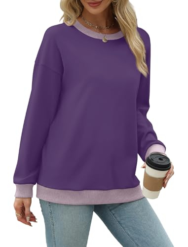 Image of Saloogoe Sweatshirts for Women Crewneck Long Sleeve Loose Fit Tops Color Block Ribbed Trim Fashion 2025