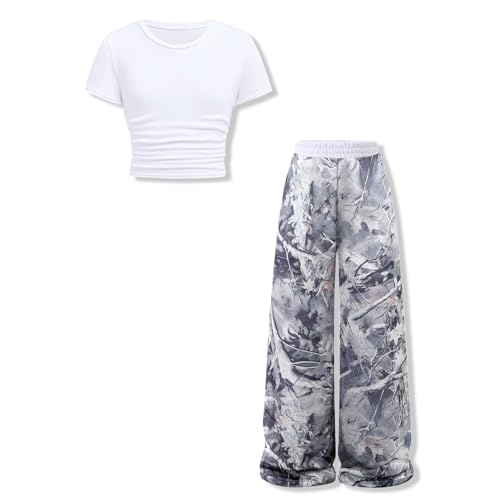 Image of Girls Clothes 2 Piece Short Sleeve T-Shirt Tops & Camo Pants Spring Summer Casual Outfits for Teen Tween Girl 7-14Y