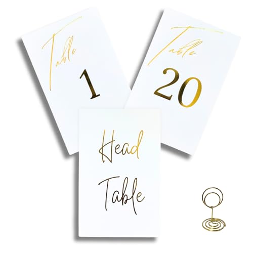 KCLIFE - Cartulina blanca para números de mesa de boda, 4 x 6, elegante fuente de lámina dorada 1-20 más mesa principal, con soportes dorados para números de mesa, números de mesa de eventos de lujo