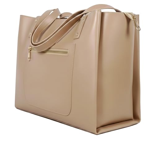 Image of tote bag for women office use - Brown Vegan Leather Tote Bag for Work-Office, Laptop 15-inch Fully Embossed Shoulder Handbag Stylish & Durable