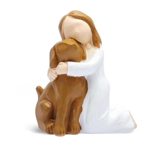 Willow Tree Figuren Mädchen mit Hund,Harz Willow Tree Hund Dekofigur, liebevolle Engel Figur als Geschenk, kleine Schutzengel Figur für Hundeliebhaber, Heim & Büro Dekoration