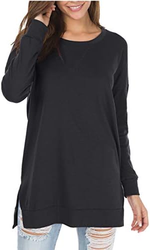 Womens Fall Long Sleeve Plus Pullover Side Split Loose Casual Tunic Tops Black L