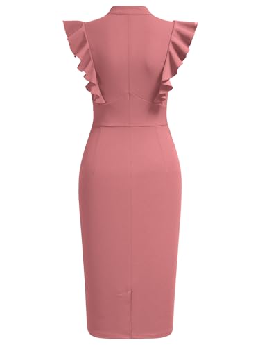 Image of Knitee Women's Vintage Ruffle Sleeve V-Neck Bodycon Evening Party Cocktail Pencil Sheath Dress