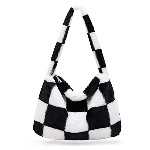 Image of KALIDI Fluffy Bag with Zip, Plush Shoulder Bag, Fuzzy Underarm Bag, Handbag, Cute Purse faux fur Clutch, Plaid