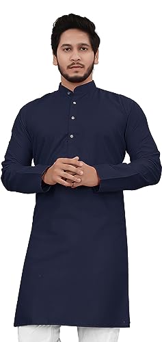 Image of Cotton Blend Full Sleeve Long Plain Kurta for Men