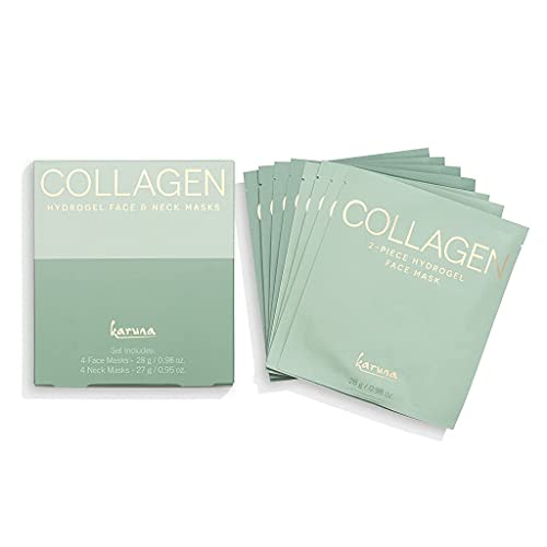 Karuna Collagen Hydro-gel Facial Sheet Masks (4 Pieces) and Neck and Décolleté Sheet Masks (4 Packs of 2 Pieces Each) Medley Set, Skin Care Products for Deep Moisturizing of Face, Neck and Chest
