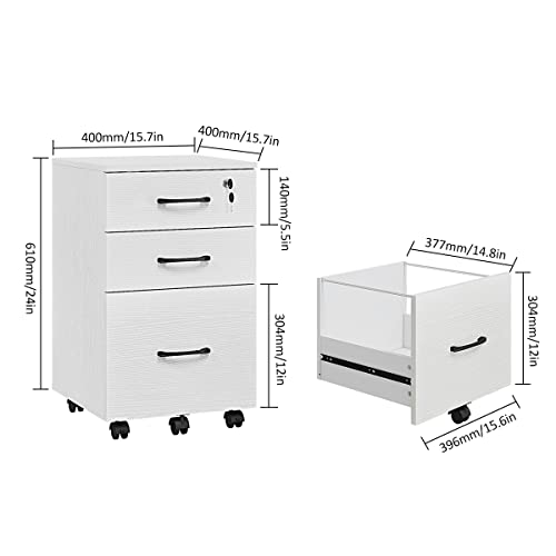 Image of Panana 3 Drawer Wood Mobile File Cabinet, Under Desk Storage Drawers Small File Cabinet for Home Office (White)