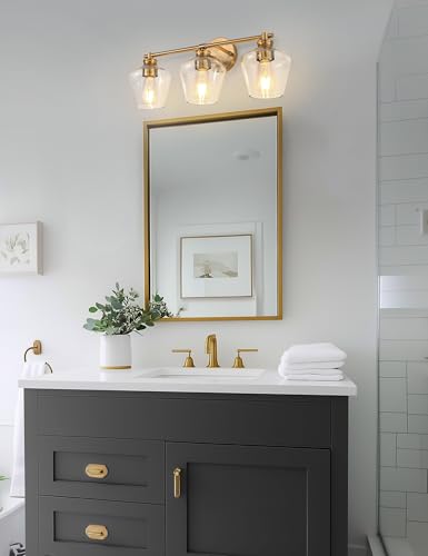 Image of DORESshop 3-Light Gold Bathroom Light Fixtures with Clear Wine Glass Covers, Brushed Brass Bathroom Lighting Fixtures Over Mirrors, Modern Vanity Lights for Bathrooms Bedroom Living Room Hallway, ETL