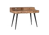 MATERIALES NOBLES: Fabricado en madera maciza de acacia, con vetas marcadas y nudos visibles que forman parte de su identidad natural. Las patas metálicas en acabado negro aportan contraste y refuerzan la lectura estructural del conjunto.