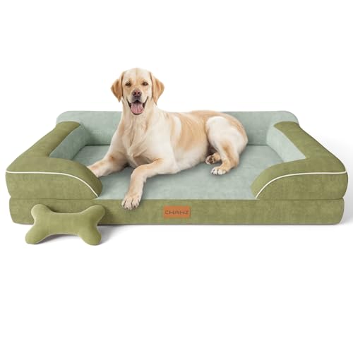 Image of CWAWZ Jumbo Dog Bed for Extra Large Dogs, Orthopedic Dog Bed with Cooling Gel Memory Foam, Waterproof Pet Bed with Removable Washable Cover, 45 inch Pet Sofa Couch Dutch Velvet with Bone Toy, Dark Green