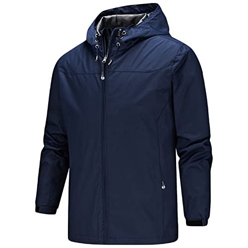 Maiyifu-GJ Men's Waterproof Rain Hooded Jacket Softshell Lightweight Waterproof Coat Hiking Outdoor Windbreaker Raincoat (Dark Blue,Medium)